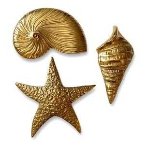 3 Vintage Brass Sea Shell Wall Art Nautical Ocean Wall Decor Beach House Retro